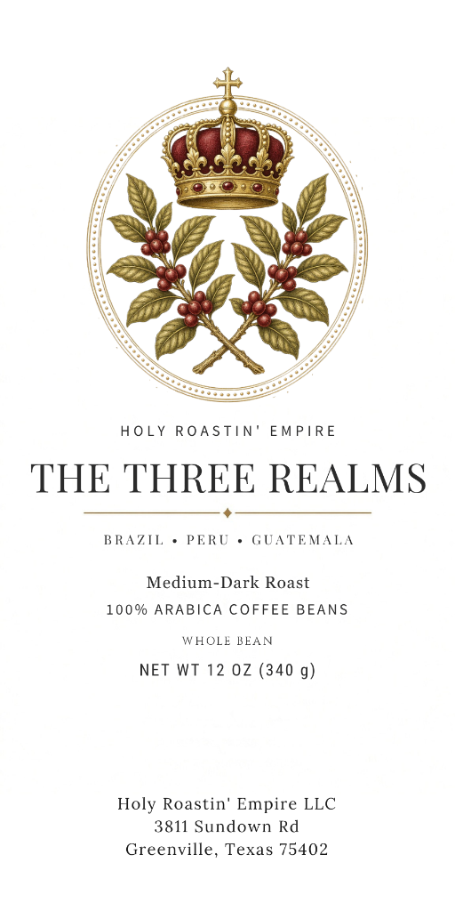The Three Realms 12oz whole bean coffee label